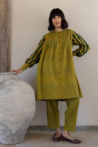 Mustard green stripe cotton tunic and pant co-ord set with full balloon sleeves, styled front view