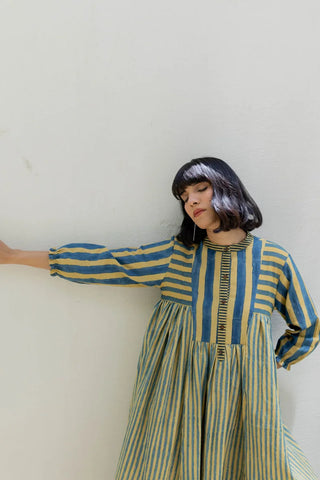 Mustard Moon indigo and mustard striped cotton pleated midi dress, boho holiday - puffed sleeve and stripe detail