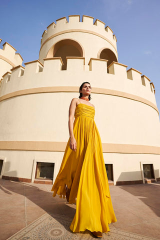 Mustard Yellow Line Embroidered Ruched Spaghetti Drop Waist Maxi Dress. Designed by Ease.
