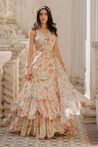 chintz and bird printed pre-draped saree with belt and blouse in off-white colour designed by Paulmi and Harsh.