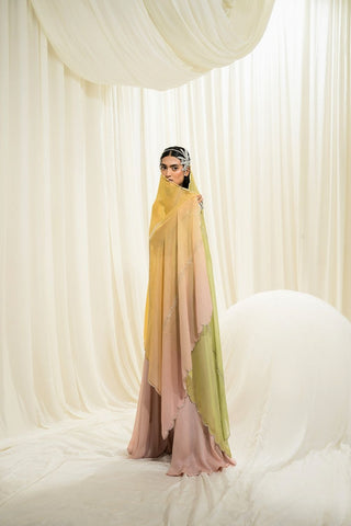 Elegant pink and yellow palazzo set with dupatta designed with a modern flowing silhouette and soft feminine charm, perfect for effortless festive and contemporary occasion wear.