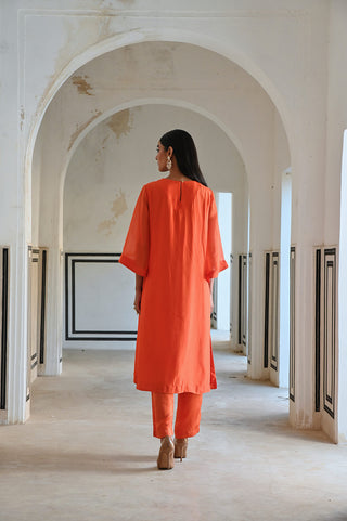 Back look of bell sleeve kurta set, crafted in viscose organza and raw satin fabric.
