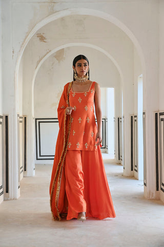 Square neckline orange butti embroidered short designer straight cut kurta palazzo set for women. A perfect women dress for festive, party, wedding, traditional outfits for women.