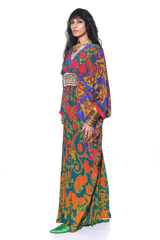 royal paisley print colorful kaftan Boho chic fusion fashion for cocktail parties, festive occasions, Resort wear, lounge wear for a blend of elegance and comfort.