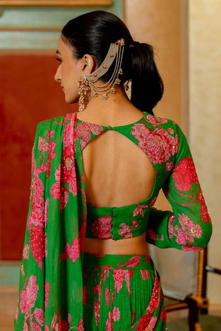  Back look of green full sleeve blouse. Elegant Women's wear. 