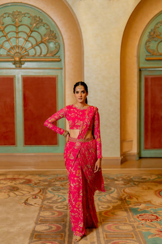 Pink pre stitched georgette saree with hand embroidered full sleeve blouse and cutdana belt. Perfect designer outfit for festive occasions, weddings, parties, bridal wear. Designed by Paulmi and Harsh.