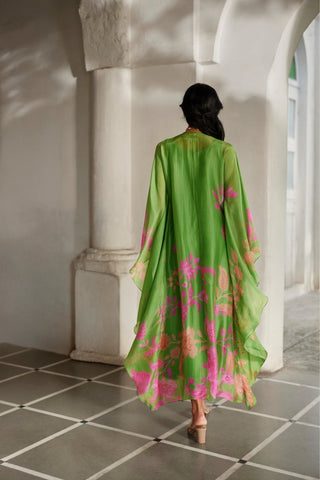 Back look green printed kaftan with artisanal embroidered detailing and relaxed fit styling for summer occasions.