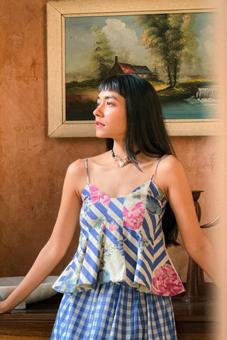 Close-up detail of the Elyseah Skirt Set highlighting the refined print, of crop top with spaghetti straps.