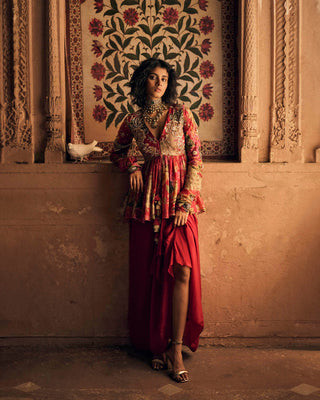 A red floral map printed peplum flared waist statement attire. Perfect outfit for wedding, cocktail or special occasion for bride or wedding guests.