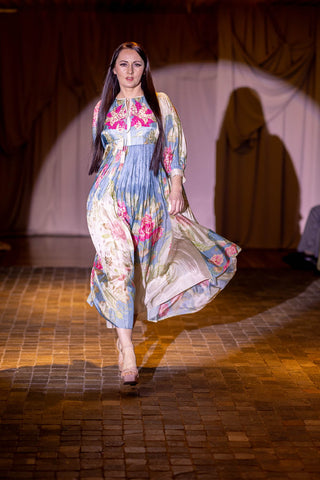 Runway model flaunting ivory with multicoloured floral print placement maxi dress, crafted from smooth and breathable habutai silk at Australian Fashion Grandeur runway.