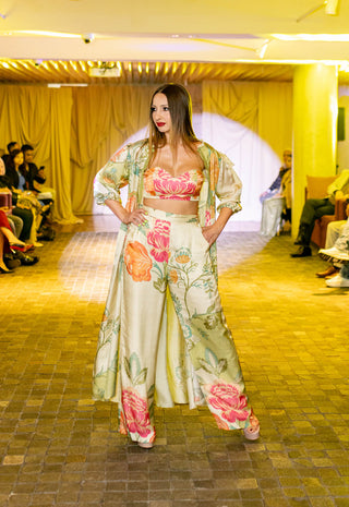 Runway model in pastel green and ivory placement jacket set featured on the Australian fashion runway. Perfect for resort or pub outing, party wear.