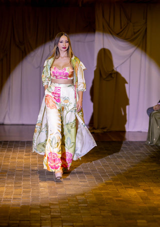 Model in pastel green and ivory placement jacket set, a resort wear, boho chic statement dress.