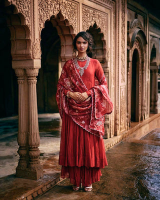 Crimson red malai chanderi  40 kali anarkali set, with beautiful flare, paired with a skirt and a statement printed dupatta. Perfect for Sangeet Nights, Mehendi and Engagements, Business Cultural Events and festivals. 