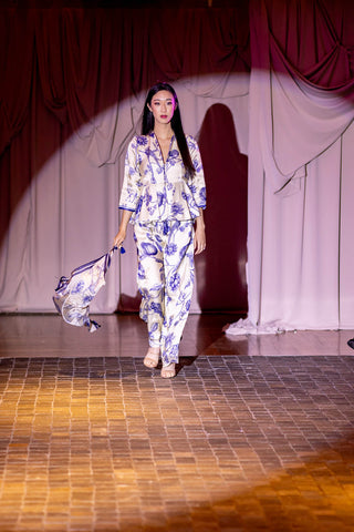 Model in Indo Western Ivory base and blue print Peplum Outfit Set. Indian Designers at Australian Fashion Grandeur runway.