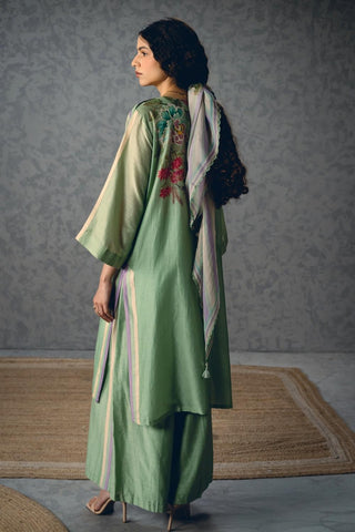 Back look of the Paulmi and Harsh Shiro Kurta Set displaying the continuous blue floral print, clean tailoring and relaxed fit across the coordinated two-piece ensemble.