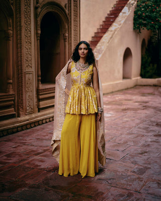 A tuscany yellow peplum set Wedding Festivities, Day Outings, Cultural Events. It has intricate hand embroidery on the front and back of the yoke, with hand-embroidered lace detailing. It is paired with solid palazzos.
Designed by Paulmi and Harsh.