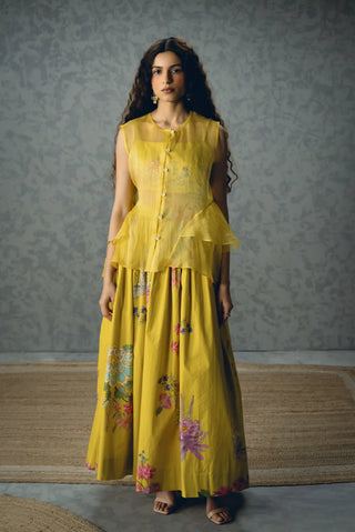 Alina yellow fitted blouse and skirt set creates a sleek tailored silhouette with a structured waist, making this designer outfit ideal for cocktail parties and wedding, festive occasions.