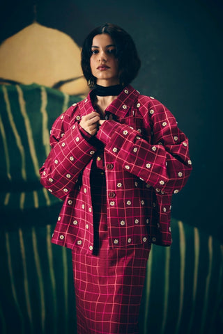 Botan Wine Skirt Co-Ord Set featuring a maroon checked blazer layered over a silk organza shirt and fitted pencil skirt. Elegant partywear ensemble with embroidered detailing, tailored silhouette, waist-fit skirt, and sophisticated evening styling.