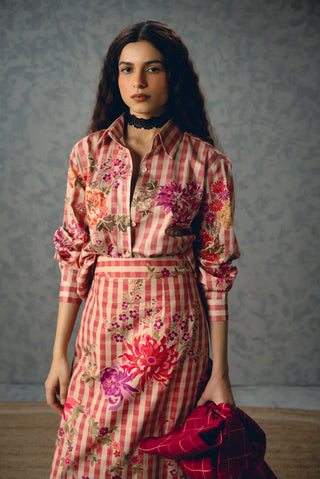 Kanso relaxed shirt and fitted skirt pairing with delicate embroidery and a playful floral check pattern for polished contemporary styling.