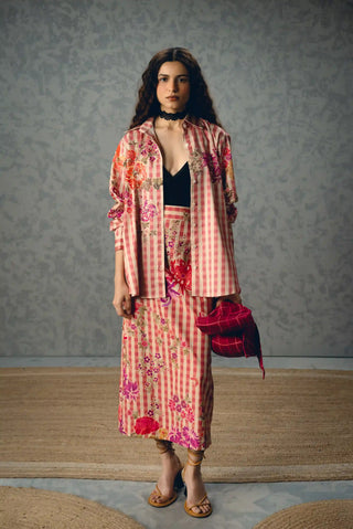 Kanso pink floral check shirt and skirt outfit by Paulmi and Harsh featuring light embroidery, a relaxed button-front shirt and matching fitted-waist skirt