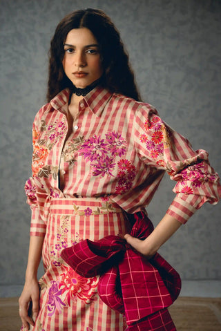 Kanso pink mixed-print outfit featuring a floral and checks shirt with a matching skirt, creating an elevated feminine look for daytime and casual occasion dressing.