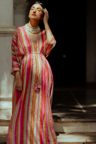 Contemporary striped kaftan with intricate hand embroidery, tie-up waist detail, and artisanal festive embellishments.