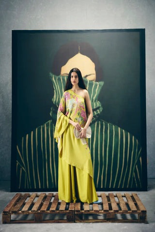 Elegant yellow Natsu two-piece co-ord set designed for modern occasion dressing, offering a stylish statement outfit for parties, festive gatherings, wedding celebrations and special evening events.