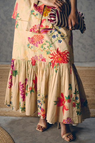 Detailed close-up of floral print, gathering details, and soft poplin fabric texture.