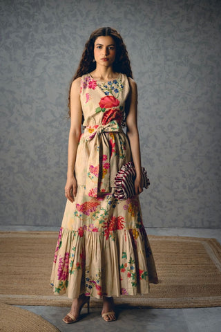 Selora Ivory Maxi Dress in poplin fabric featuring floral print, delicate gathering details, and a flowing summer silhouette. this versatile piece is perfect for vacations, brunch outings, garden parties, resort wear, and elevated everyday styling.