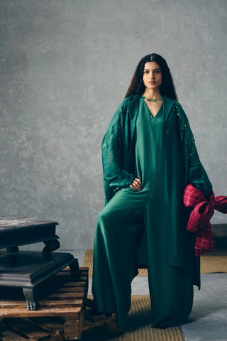 Wasabi green relaxed jumpsuit set combines luxurious silk-linen fabric with an embroidered silk-organza jacket, creating a refined high-end fashion statement for modern women's occasion dressing.