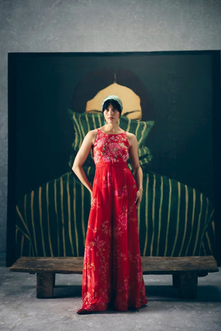 Elegant Alaya red floral embroidered jumpsuit blends modern tailoring with luxurious modal silk, making it a graceful statement outfit for cocktail parties and evening celebrations.
