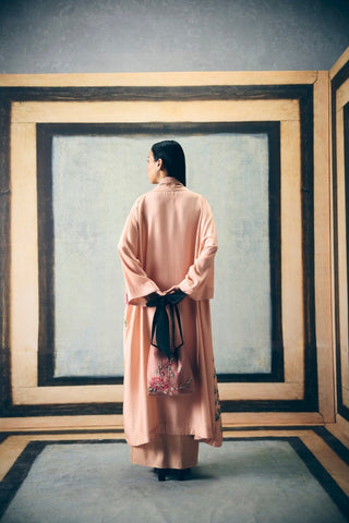 Women's Bara pink three-piece designer set pairs a floral embroidered organza jacket with a structured bustier and matching Skirt, offering sophisticated luxury fashion for special celebrations.