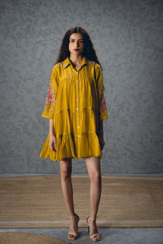 Mustard yellow Lana designer dress in airy silk organza, offering effortless elegance with printed sleeves and intricate embroidery, ideal for cocktail parties, brunches, festive celebrations and special occasions.