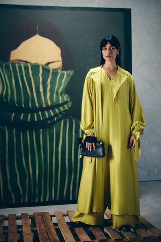 Yellow Kira women's jumpsuit set offering a refined designer aesthetic for modern occasion wear, perfect for wedding guest outfits, festive gatherings, cocktail parties and stylish evening events.