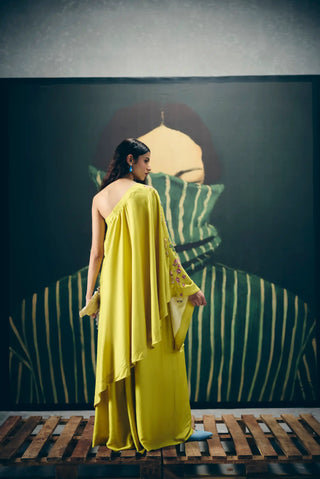 Back look of Chic yellow Natsu matching set offering a polished contemporary fashion look for women, perfect for wedding guest dressing, festive occasions, parties, celebrations and stylish social events. 