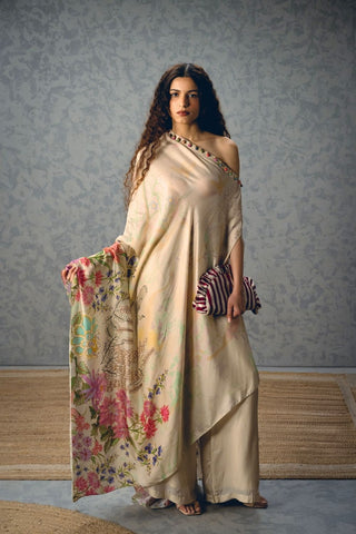 Natsu Ivory co-ord set in Japan satin fabric featuring placement print, one-shoulder top, and coordinated pants. Perfect for summer outings, vacations, brunches, resort wear, and elevated daytime styling.