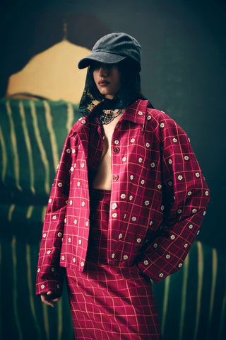 Women's Botan Wine Co-Ord Set in rich wine-maroon tones featuring a checked blazer, fitted skirt with side zip closure, and lightweight silk organza shirt. A chic formal and festive ensemble for special occasions.