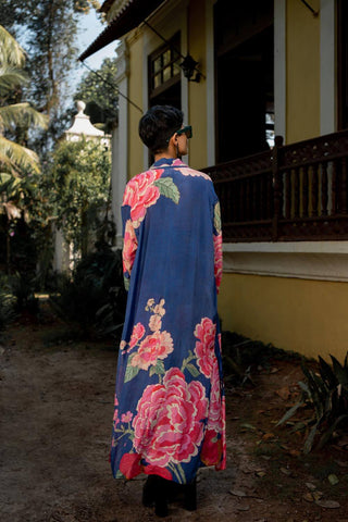 Vibrant Floral print long jacket from back.