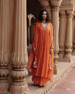 A rust orange malai chanderi gathered anarkali set, features a gathered anarkali, skirt and dupatta and features our signature Roop Flip bird motif, making this ensemble timeless. Perfect for Sangeet Nights, Mehendi and Engagements, Business Cultural Events and festivals. Designed by Paulmi and Harsh.