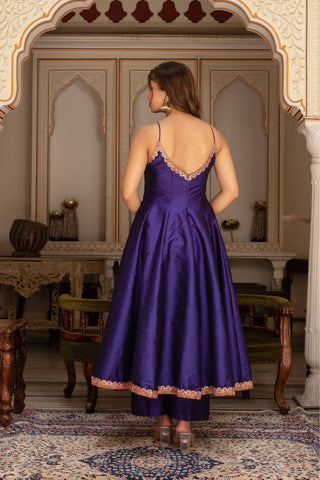 Traditional rimjhim indigo embroidered Anarkali suit set with net dupatta, Pomcha Jaipur taffeta silk Anarkali dress for women, perfect for festive wear and wedding celebrations.