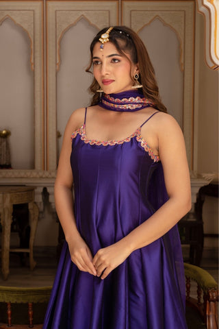 Pomcha Jaipur rimjhim navy blue embroidery taffeta silk Anarkali set with net dupatta, designer Anarkali suit for women, fully stitched festive wear outfit ideal for weddings and celebrations.