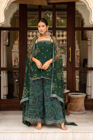 Green bandhani georgette kurta palazzo set with dupatta, crafted with cotton lining for comfort, perfect for festive occasions, casual outings, and traditional wear.