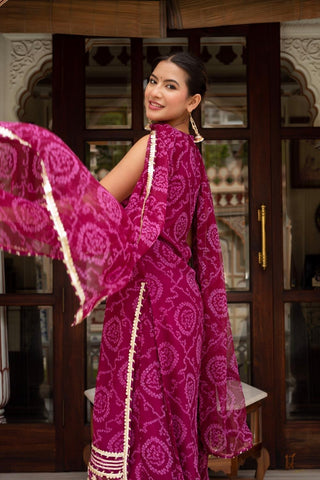 Elegant cranberry Bandhej kurta suit set with dupatta in georgette fabric, fully stitched Pomcha Jaipur ethnic wear for women, perfect for festive occasions and traditional gatherings.