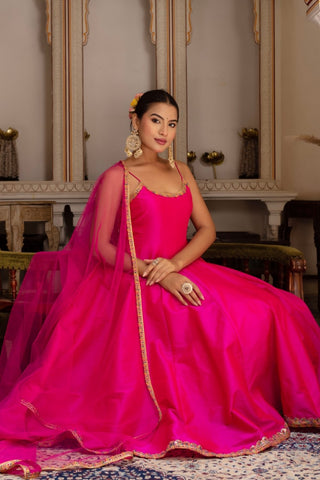 Traditional rimjhim pink embroidered Anarkali suit set with net dupatta, Pomcha Jaipur taffeta silk Anarkali dress for women, perfect for festive wear and wedding celebrations.