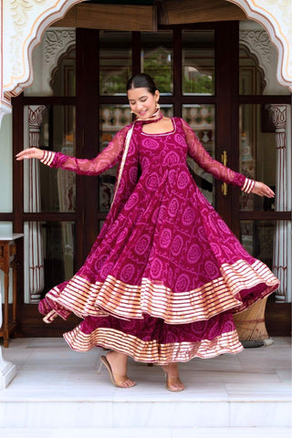 Designer plum Bandhej georgette Anarkali suit with gota patti embroidery, cotton pants and dupatta, women’s ethnic wear outfit perfect for festive occasions and wedding celebrations.