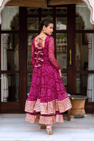Back look plum bandhani georgette gota patti Anarkali set with georgette dupatta and cotton pants, fully stitched women’s ethnic Anarkali suit, designer festive wear outfit for weddings and celebrations