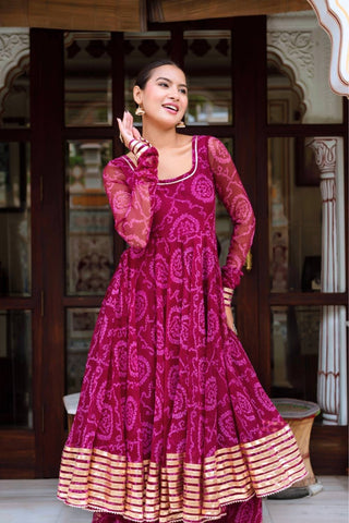 Cranberry Bandhani Anarkali suit full sleeve in georgette with gota patti work, paired with cotton pants and georgette dupatta, women’s ethnic wear, fully stitched festive and wedding outfit