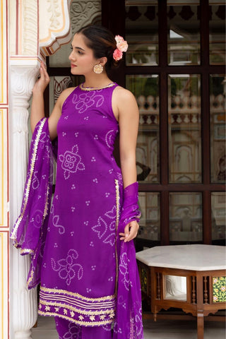 Elegant purple Bandhej kurta suit set with dupatta in georgette fabric, fully stitched Pomcha Jaipur ethnic wear for women, perfect for festive occasions and traditional gatherings.