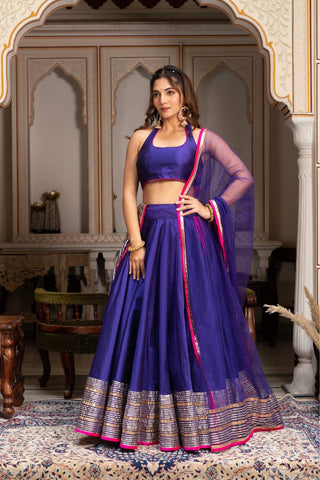 Women’s purple lehenga set in taffeta silk with gota patti embroidery and net dupatta, Pomcha Jaipur designer lehenga, bridal wear lehenga, festive ethnic outfit for weddings and functions.