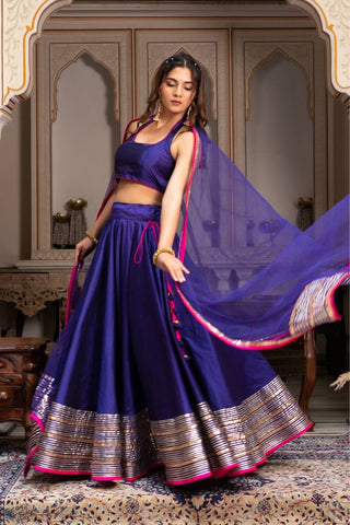 Designer blue lehenga set with gota patti embroidery in taffeta silk paired with net dupatta, fully stitched Pomcha Jaipur outfit for women ideal for festive and wedding celebrations